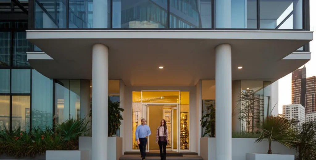 Modern apartment building in Sydney with couple viewing at golden hour
