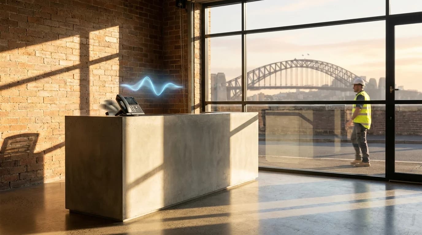 AI phone answering service for Australian businesses in a Sydney office at golden hour