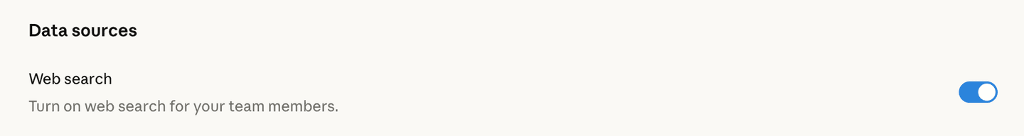 The Web search toggle in Claude settings, controlling whether Claude can search the internet