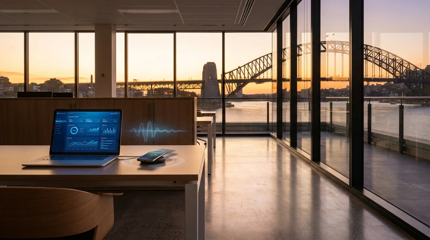 AI voice agent for Australian insurance brokers in a modern Sydney office at golden hour