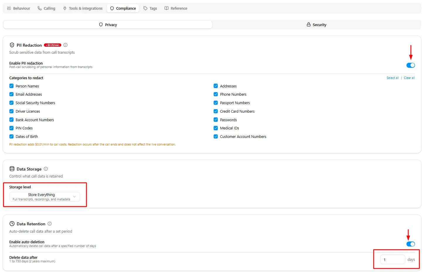 Waboom AI portal: PII redaction across fourteen categories enabled, plus auto-deletion configured to one day