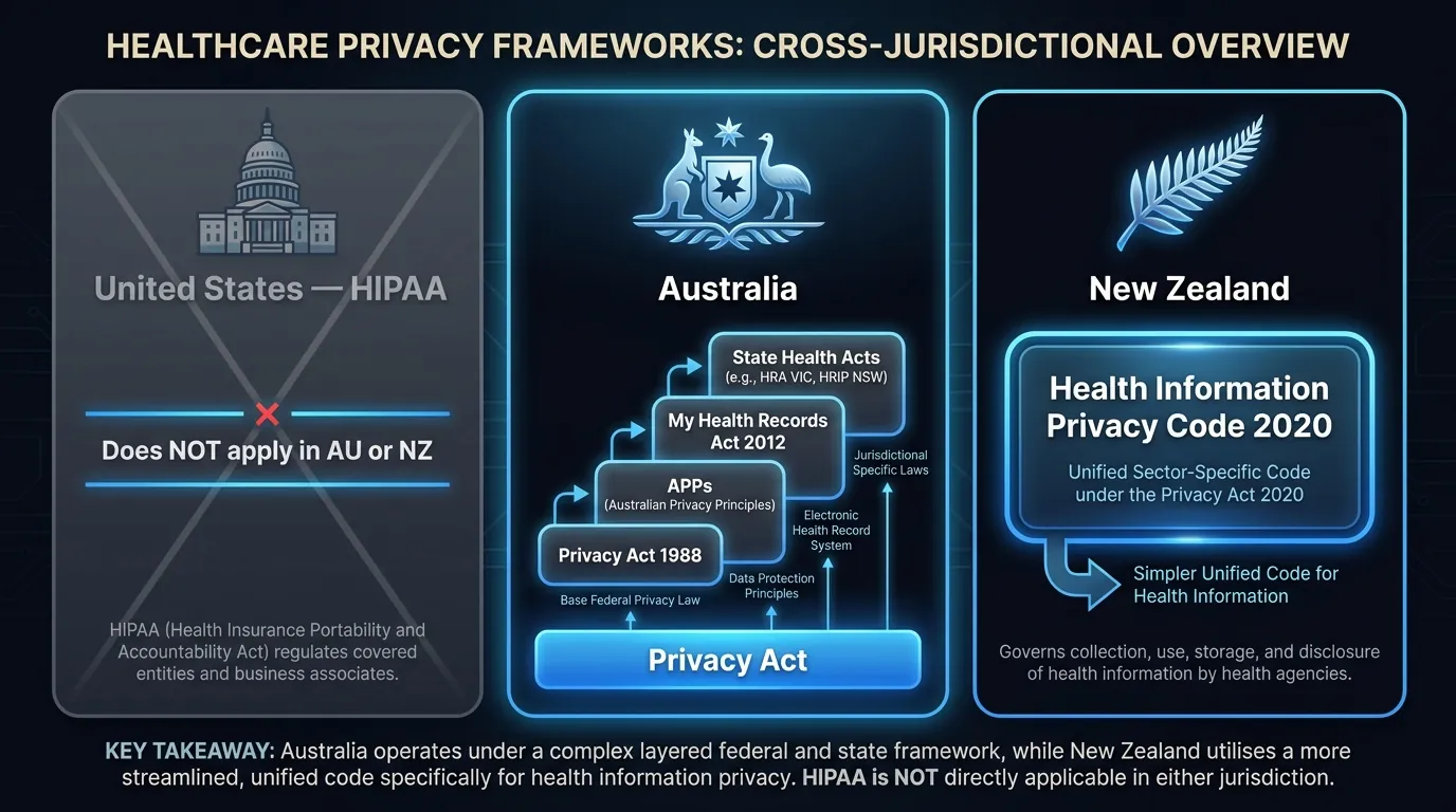 Healthcare privacy comparison: HIPAA does not apply in AU or NZ; Australia uses Privacy Act plus state health acts; NZ uses the Health Information Privacy Code 2020