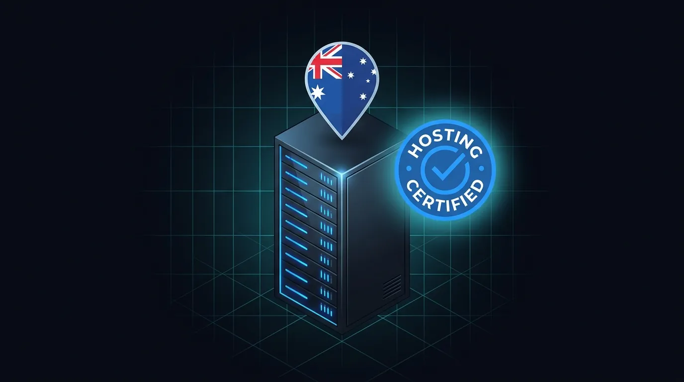Australian server rack with a hosting-certified stamp, illustrating Sydney-region data residency for voice AI