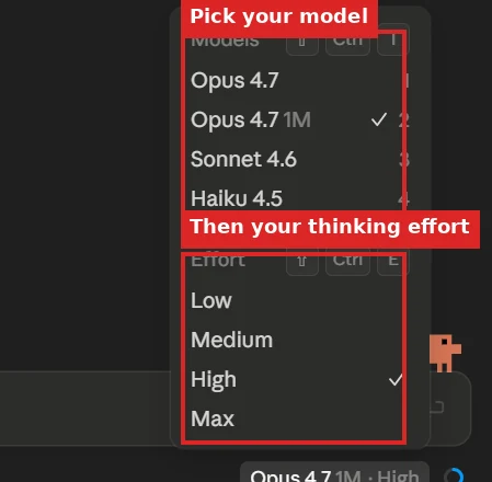 The Claude Code model picker showing Opus 4.7, Opus 4.7 1M, Sonnet 4.6, and Haiku 4.5 in the Models list, then Low / Medium / High / Max in the Effort list