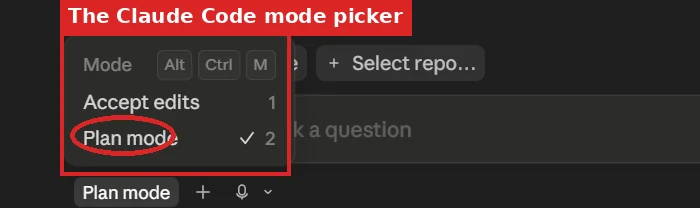 The Claude Code mode picker open at the bottom-left of the chat with Accept edits and Plan mode visible, Plan mode highlighted as the active selection