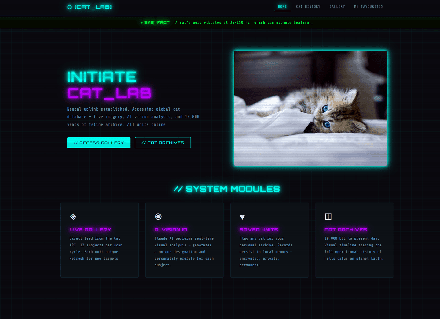 Cat website redesigned in full cyberpunk style, neon accents, dark theme, futuristic typography