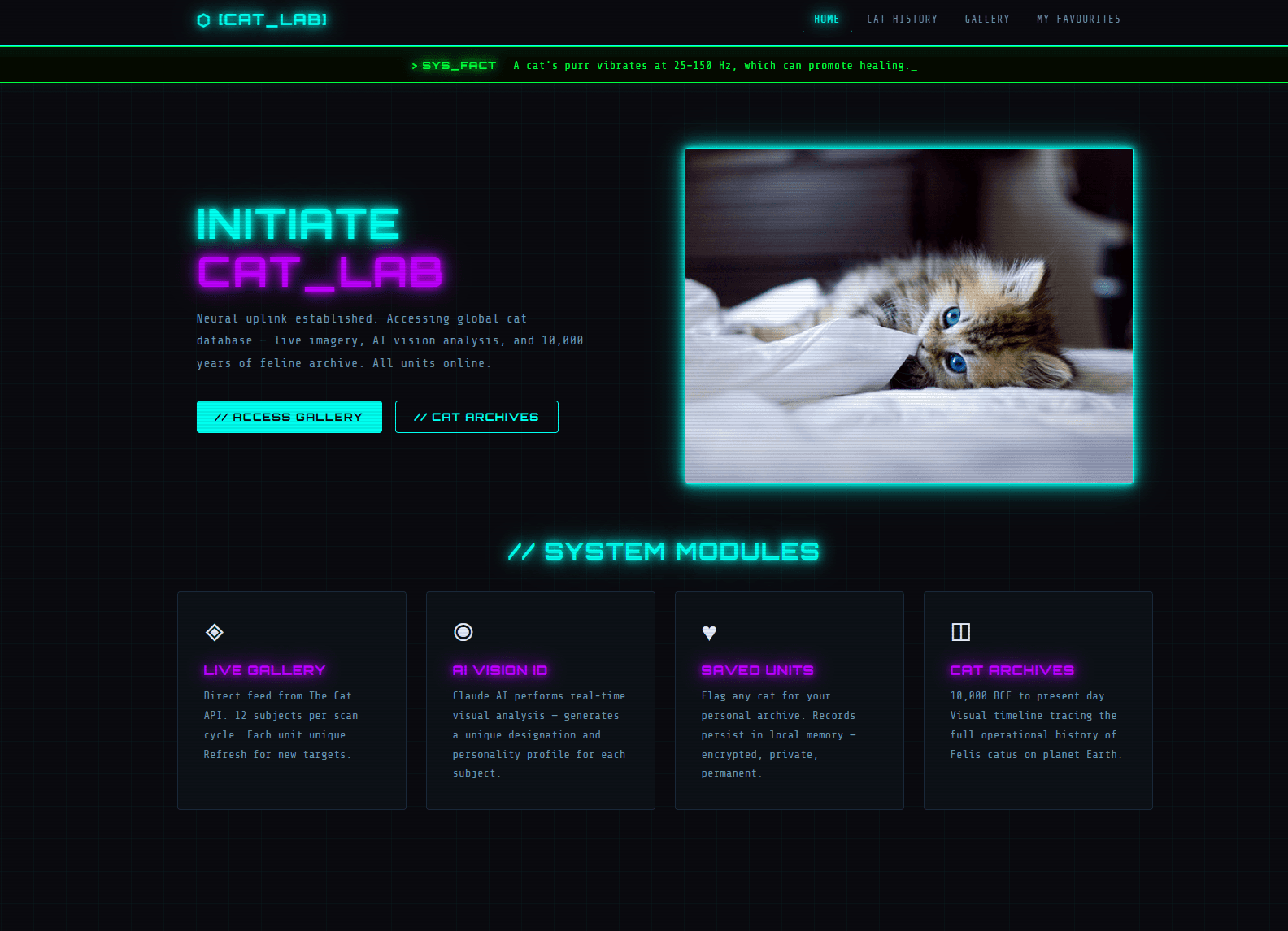 Cat website redesigned in full cyberpunk style, neon accents, dark theme, futuristic typography