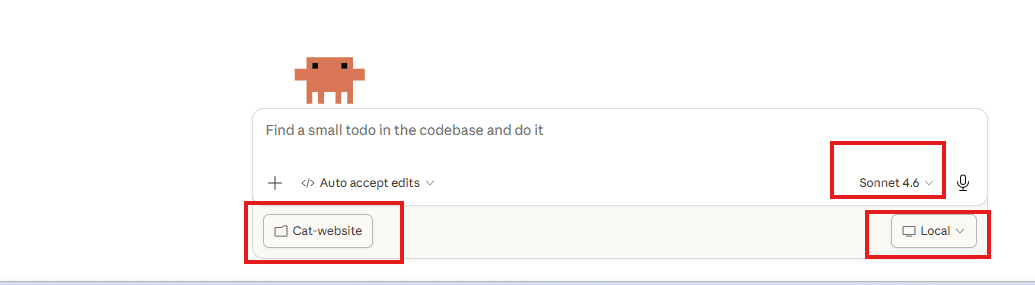 Claude Code tab showing Cat-Website folder, Sonnet 4.6 model, and Local selected