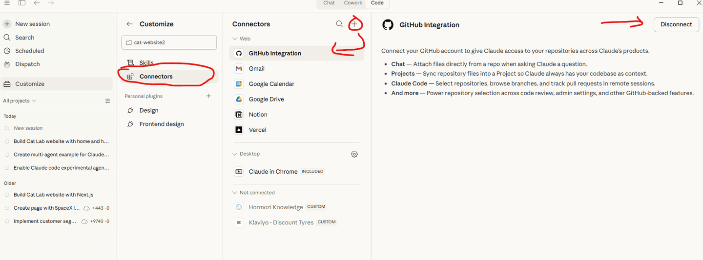 Claude Code desktop. Customize, Connectors, GitHub Integration connected