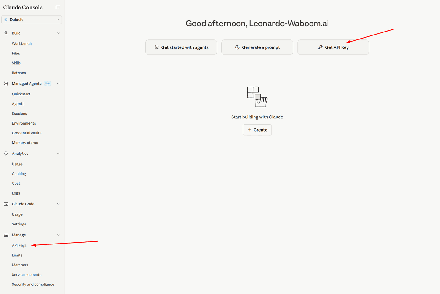 Claude Console dashboard - click Get API Key at the top, or API keys in the left sidebar under Manage