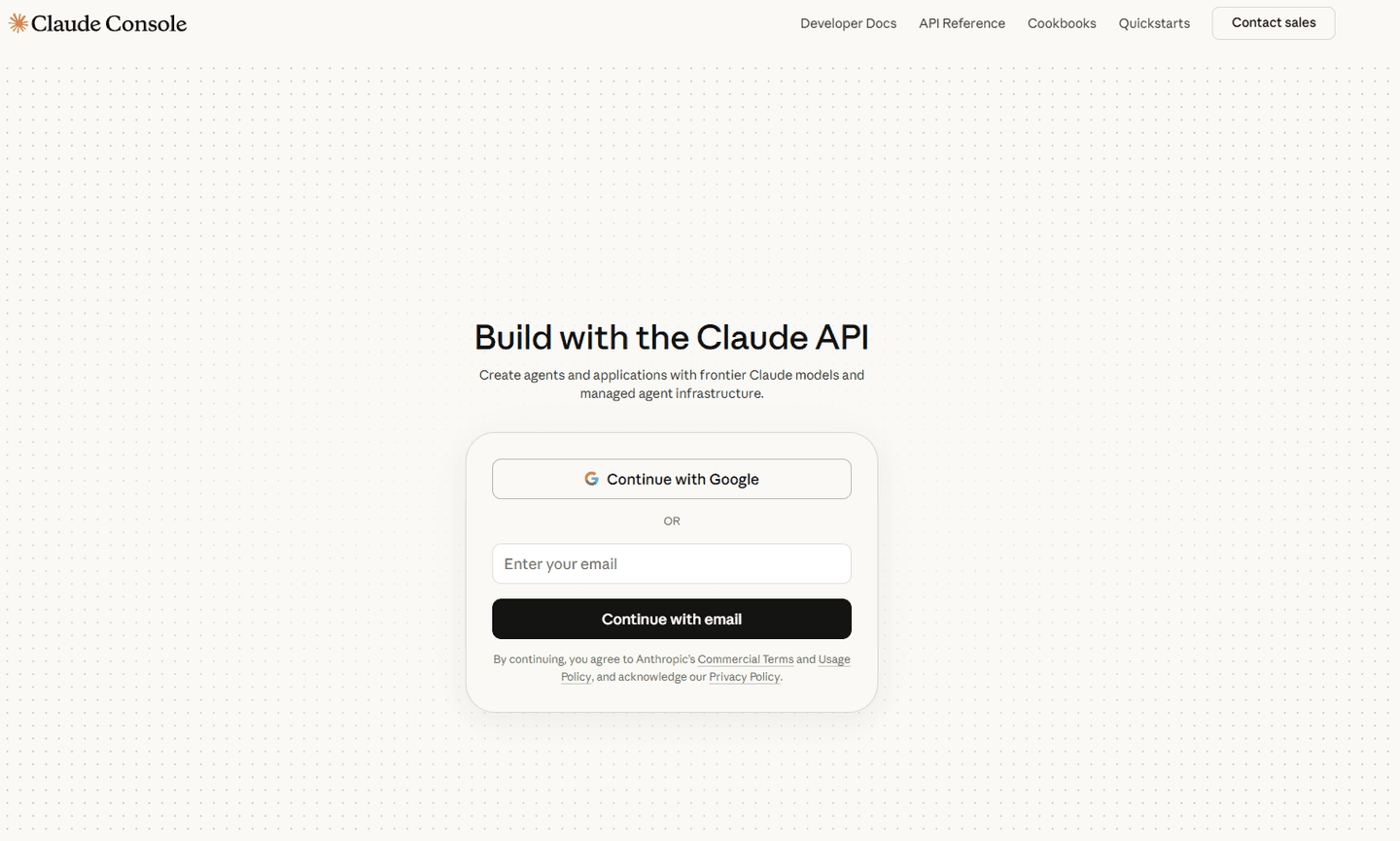 Claude Console login screen - Continue with Google or enter email