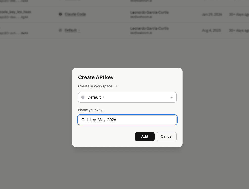 Create API key dialog - Default workspace, name your key Cat-key-May-2026