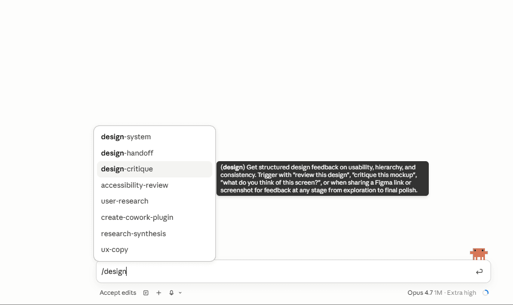 Typing /design in Claude Code shows sub-skills - select design-critique for structured feedback on usability, hierarchy, and consistency