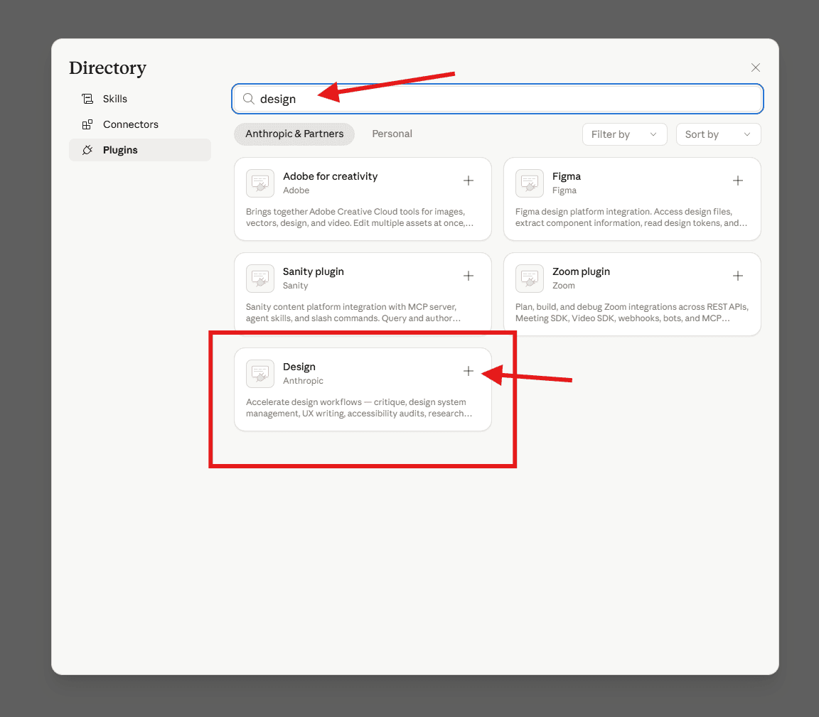 Plugin directory - search for design and install the Design plugin by Anthropic