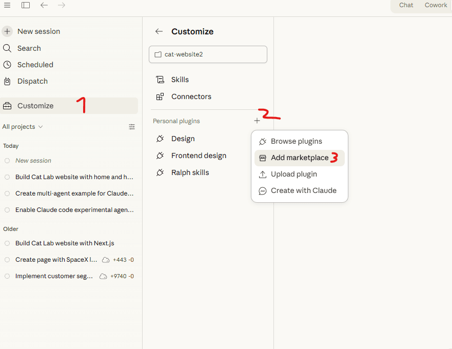 Claude Code Customize panel, click + next to Personal plugins, then Add marketplace