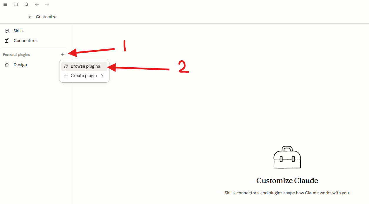 Claude Code Customize panel - click the + next to Personal plugins, then Browse plugins