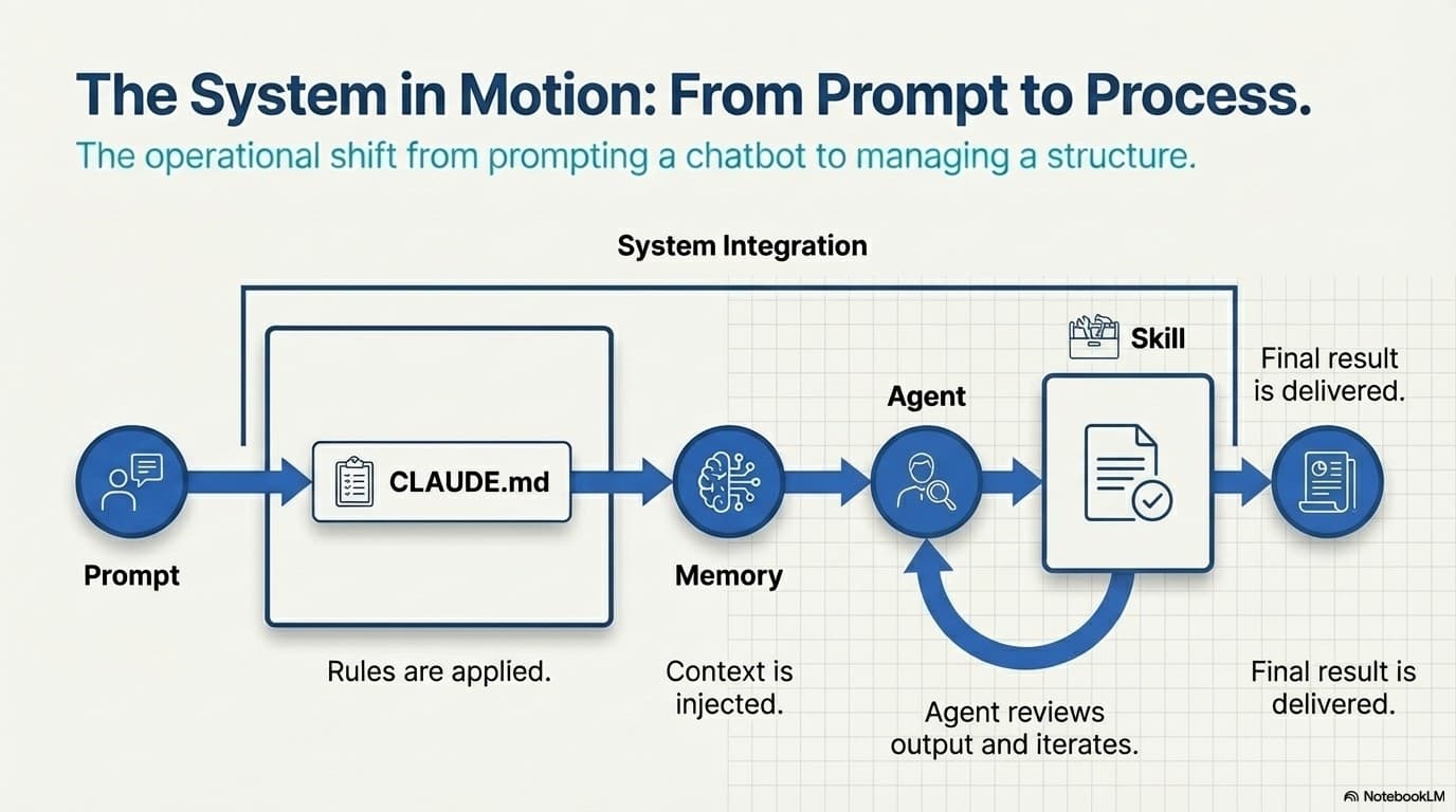 Claude Code system flow showing the prompt entering, hitting CLAUDE.md, project memory, agent review, and skill execution