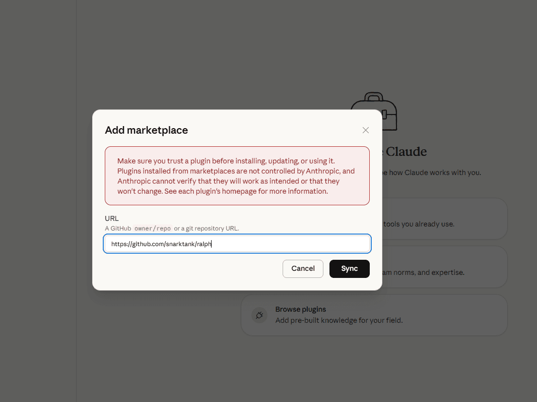 Add marketplace dialog, paste the GitHub URL and click Sync