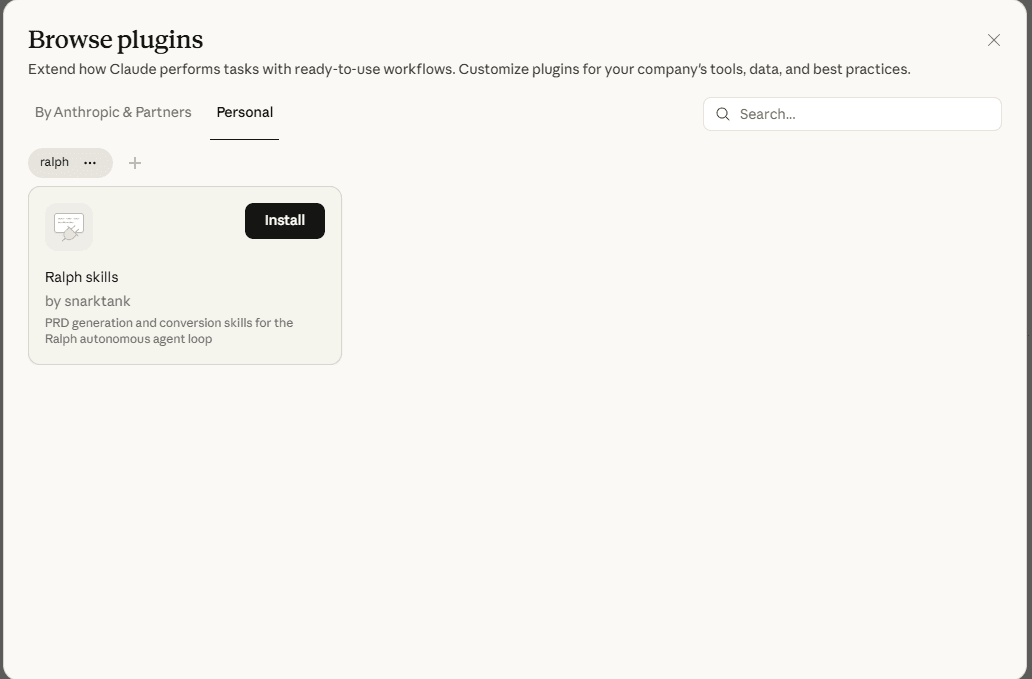 Browse plugins showing Ralph skills by snarktank, click Install