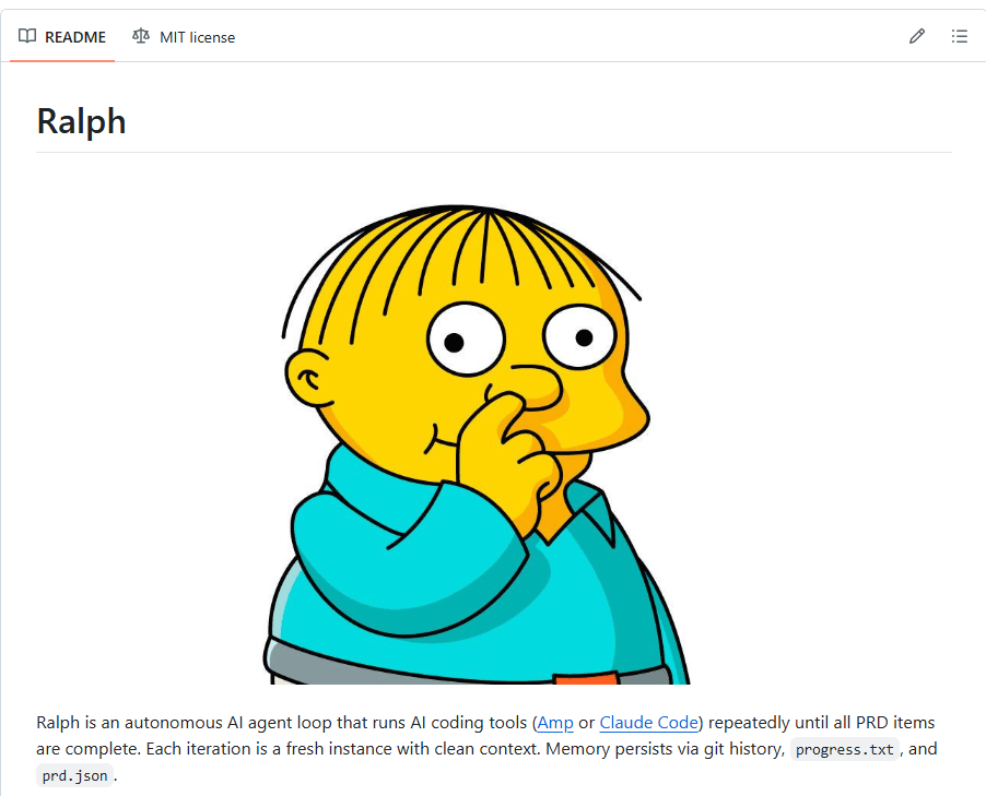 The Ralph Wiggum Loop agent README showing the autonomous task runner in action