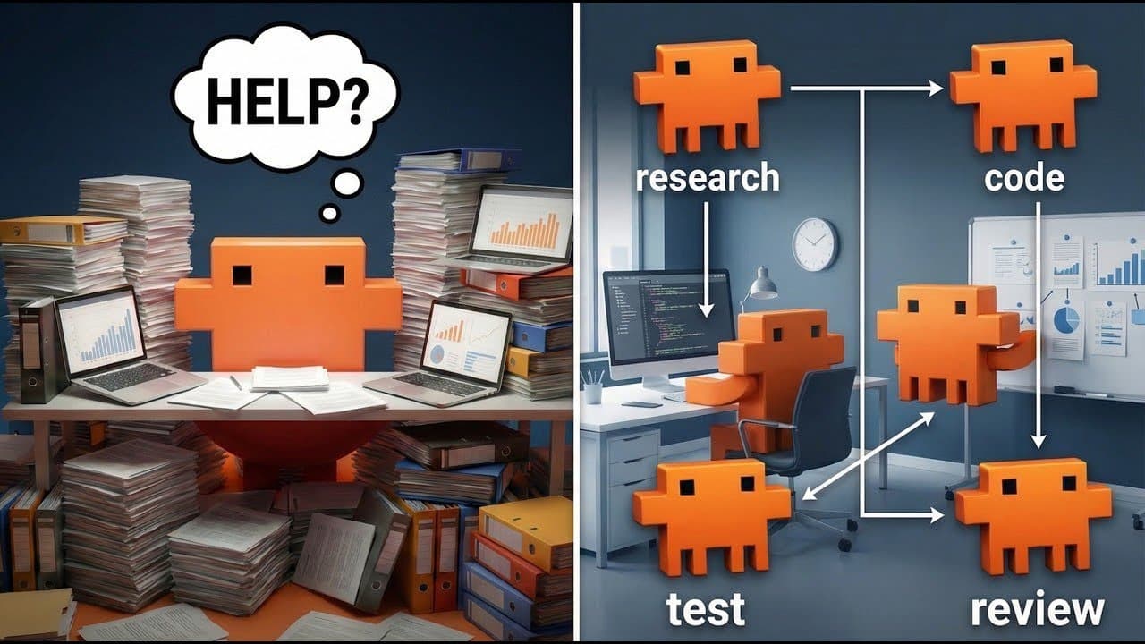 One agent struggling alone vs a team of agents coordinating research, code, test, and review tasks