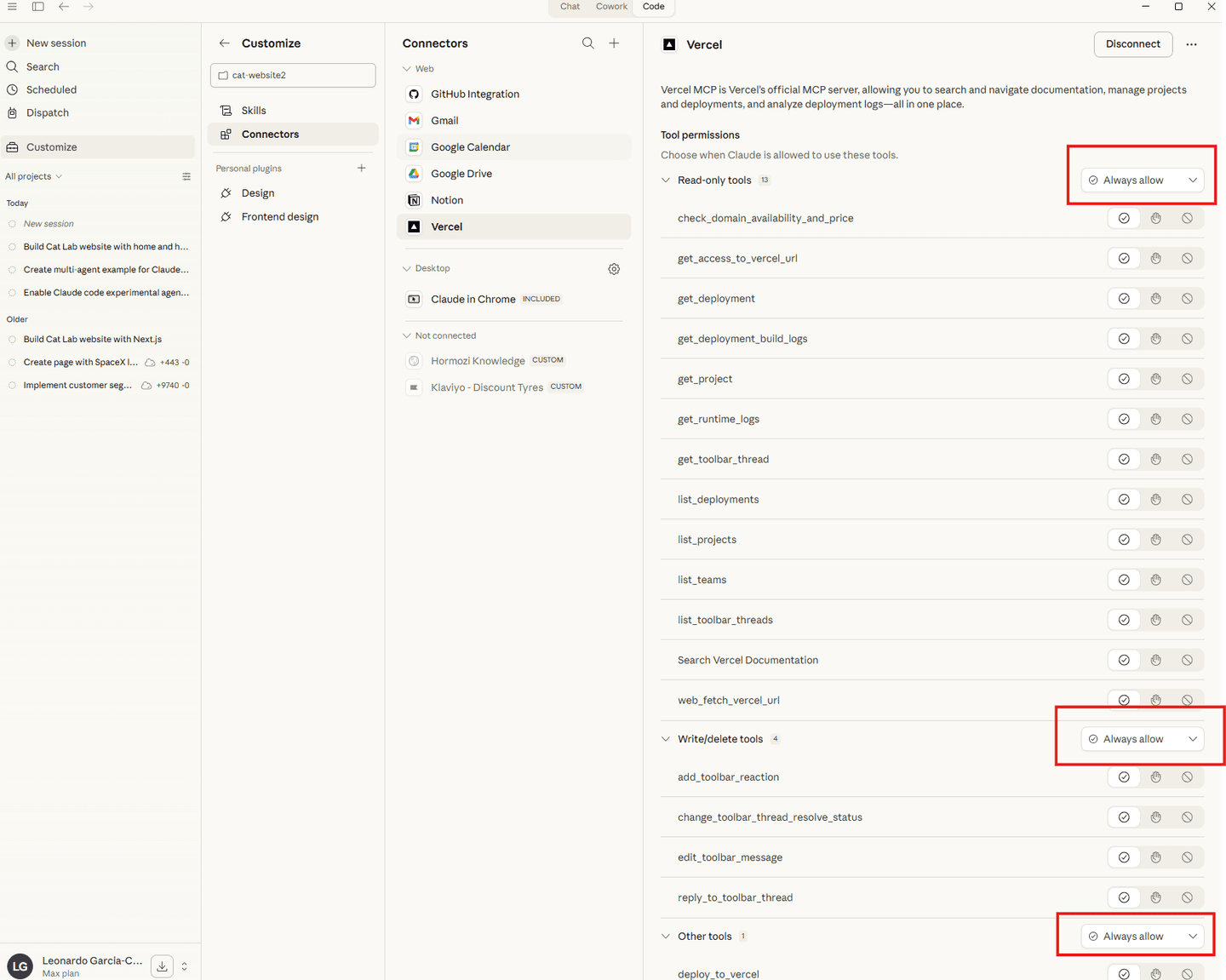 Vercel connector permissions, set Read only, Write/delete, and Other tools to Always allow