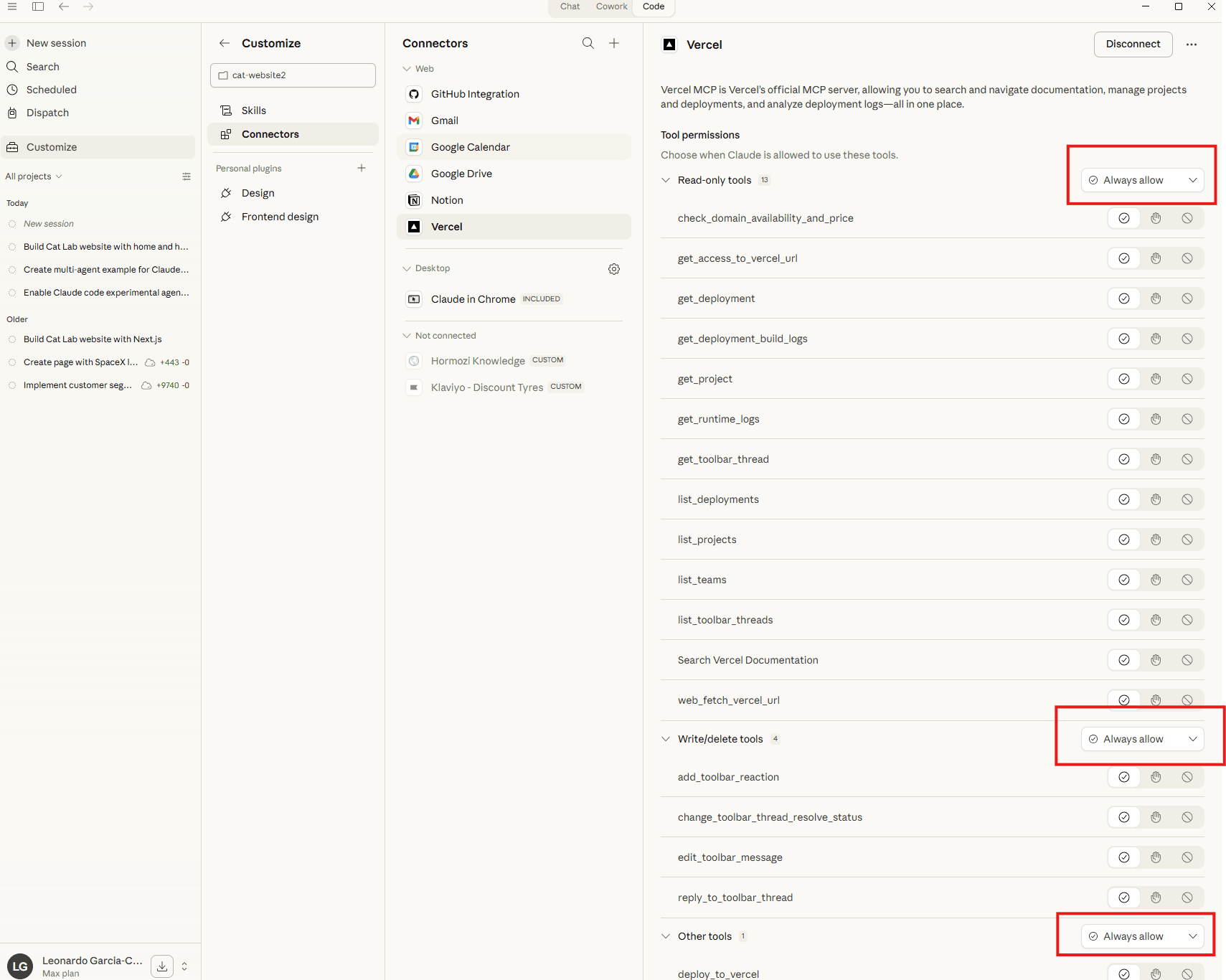 Vercel connector permissions, set Read only, Write/delete, and Other tools to Always allow