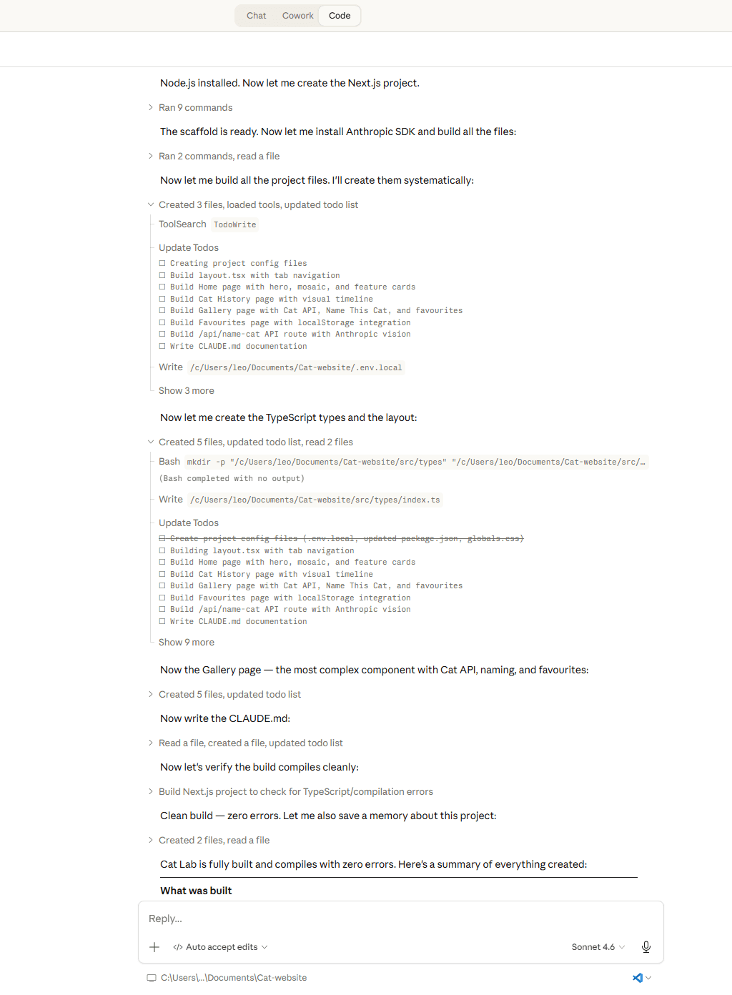 Claude Code building the cat website - creating files, installing packages, writing components