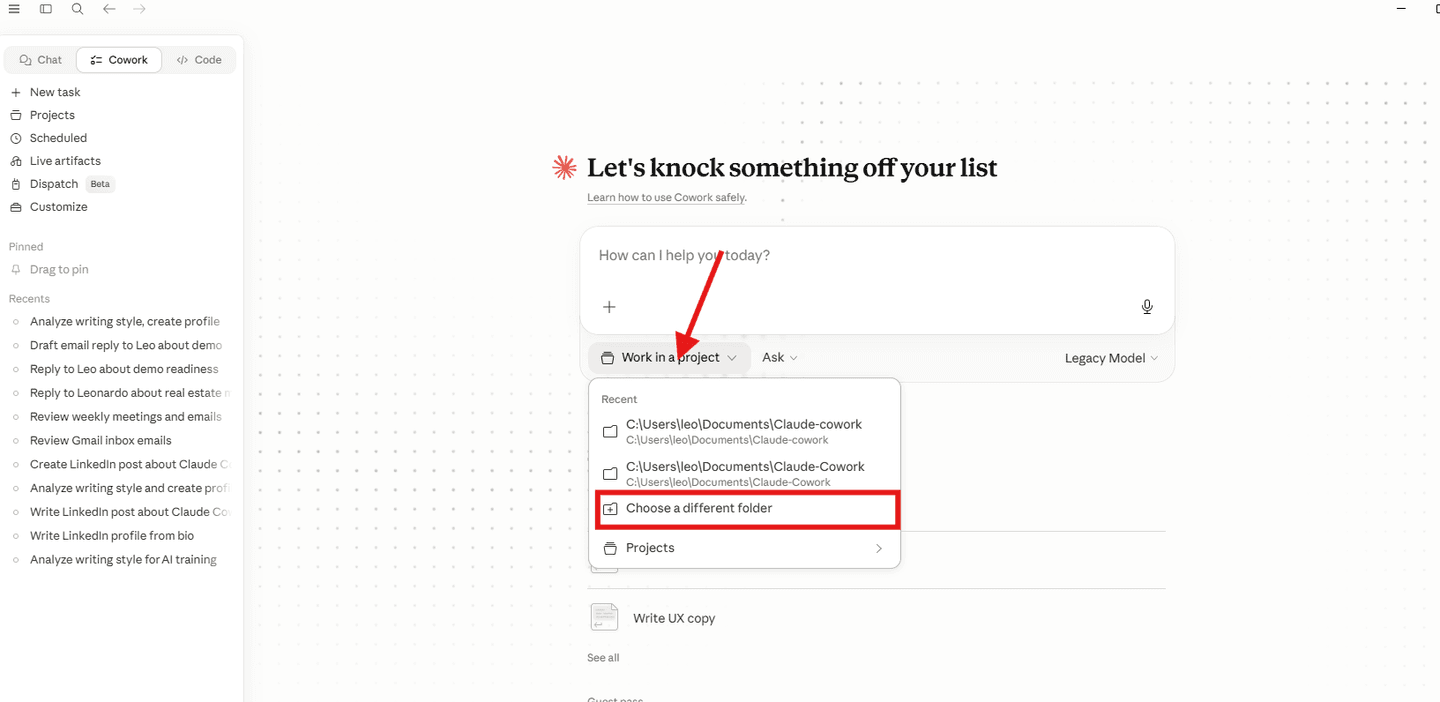 Claude Cowork - click Work in a project, then Choose a different folder to point at your Claude-Cowork folder