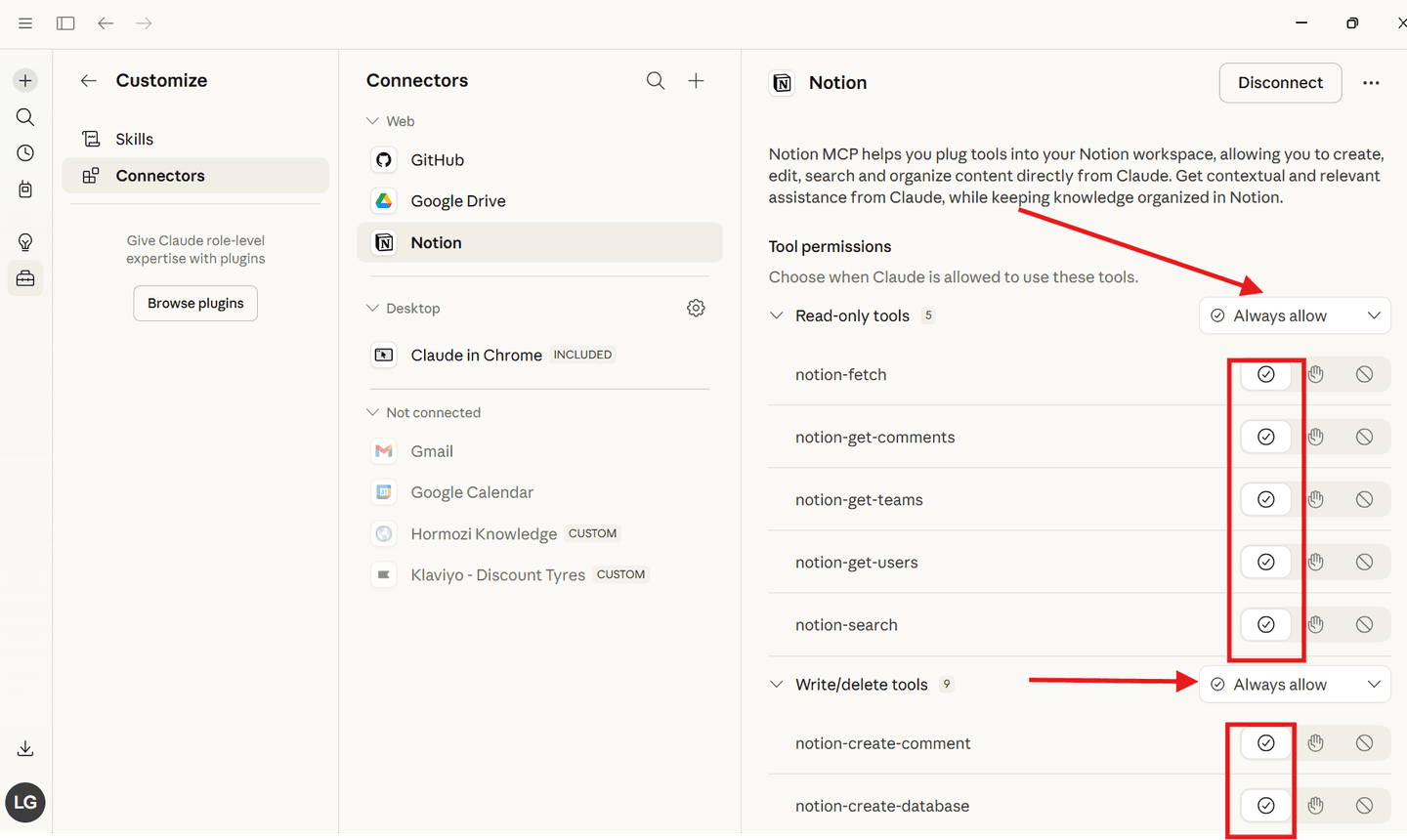 Notion connector permissions - set read and write tools to Always allow