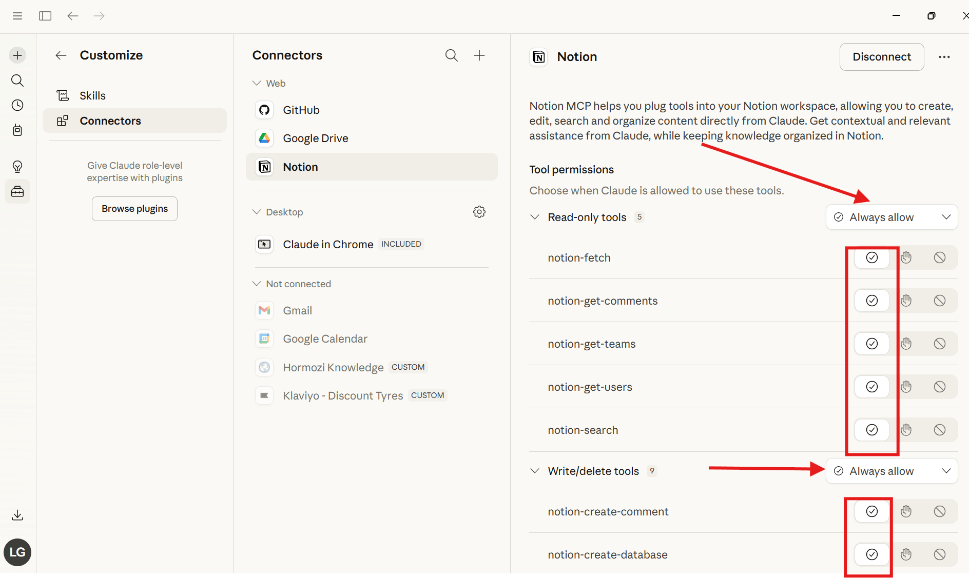 Notion connector permissions - set read and write tools to Always allow