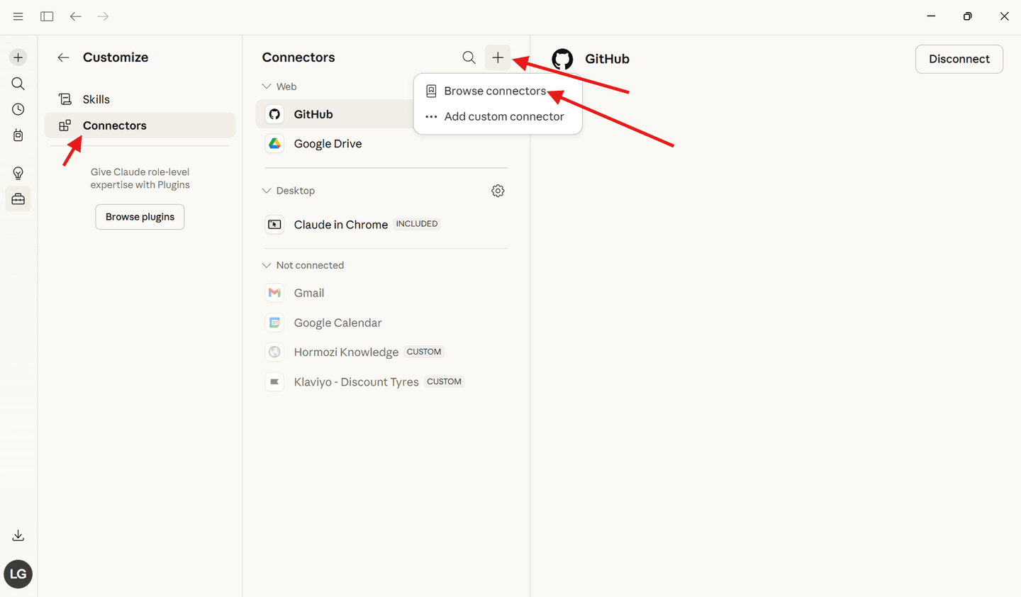 Connectors page showing Browse connectors option