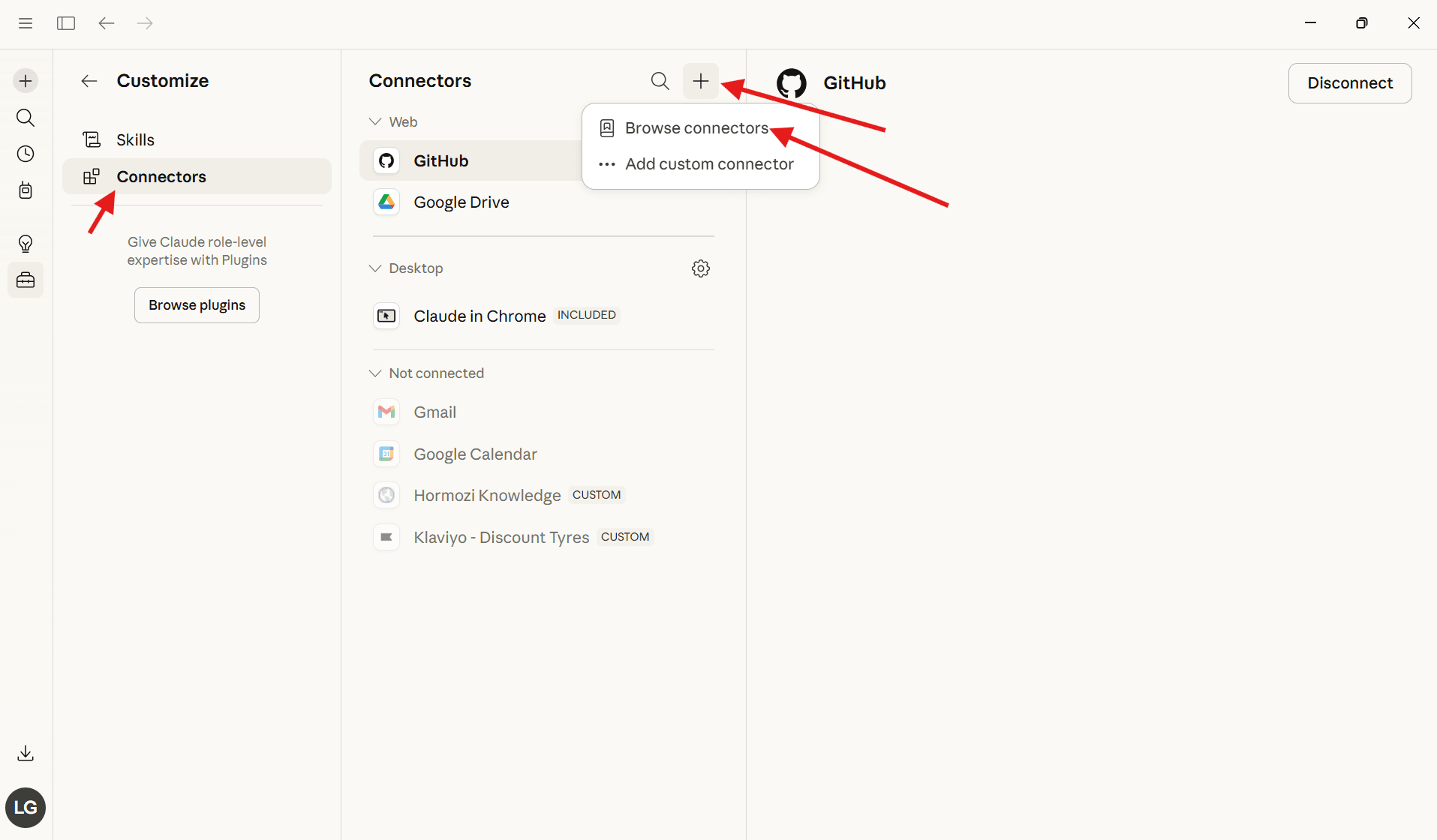 The Connectors panel in Claude Desktop showing GitHub, Google Drive, Gmail and other tools