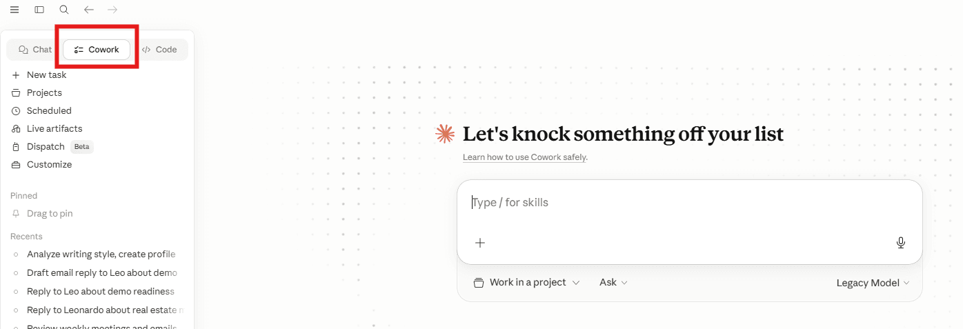 Claude Desktop showing the Cowork tab selected at the top of the sidebar