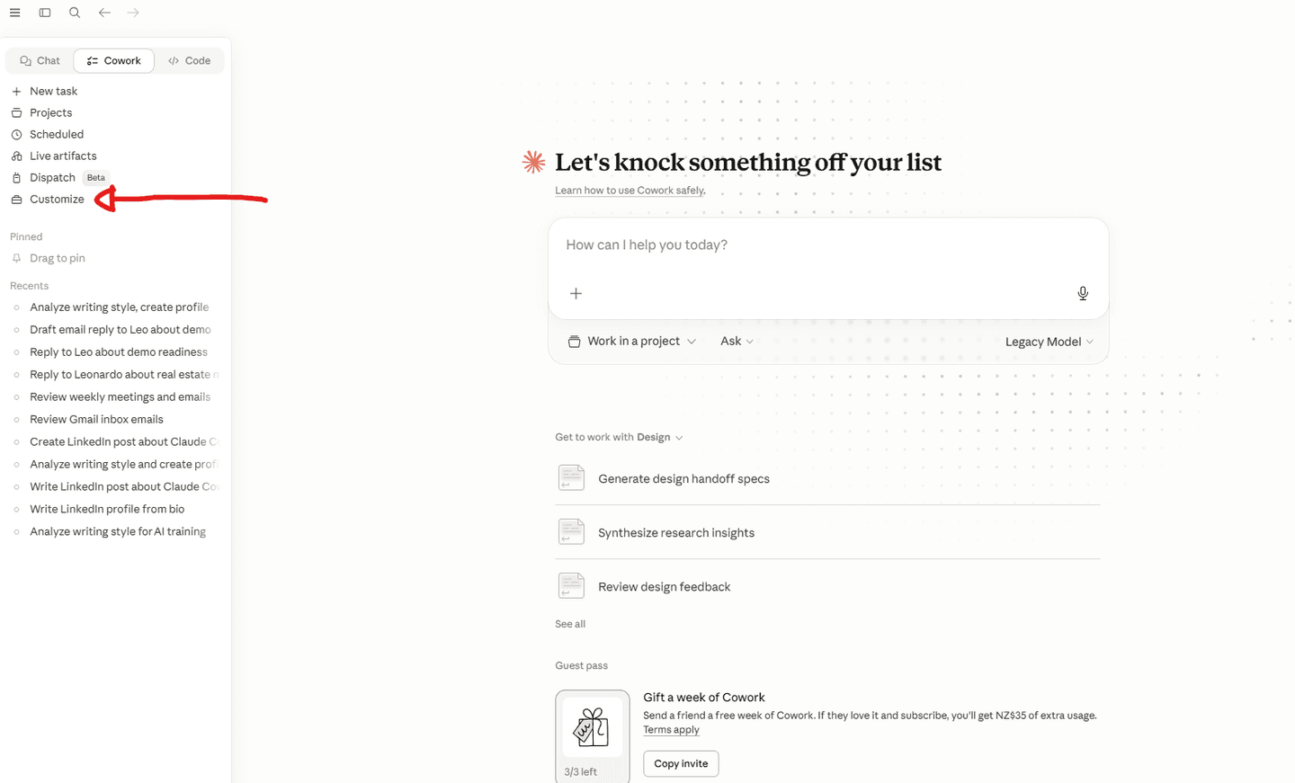 Claude Cowork Customise menu - find Skills and click the + button