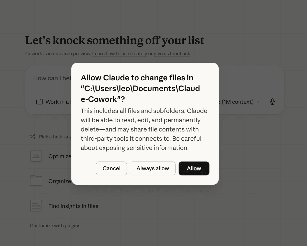 Claude asking permission to access the Claude-Cowork folder - click Always allow