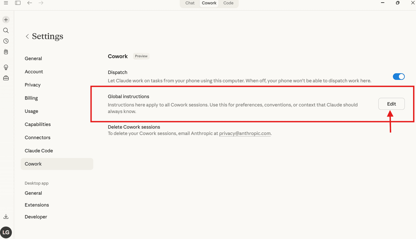 Global Instructions section with Edit button