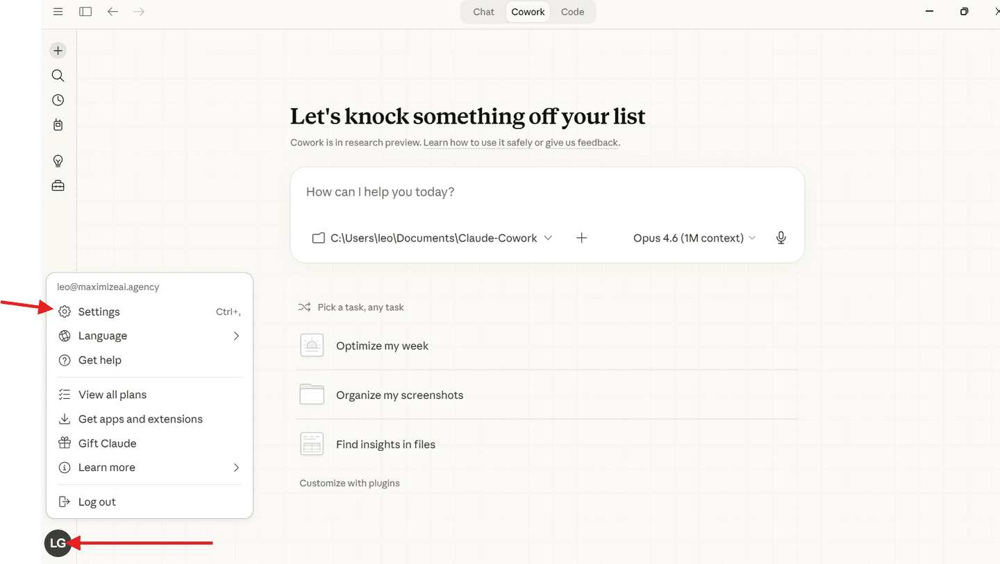 Finding Settings from the profile menu