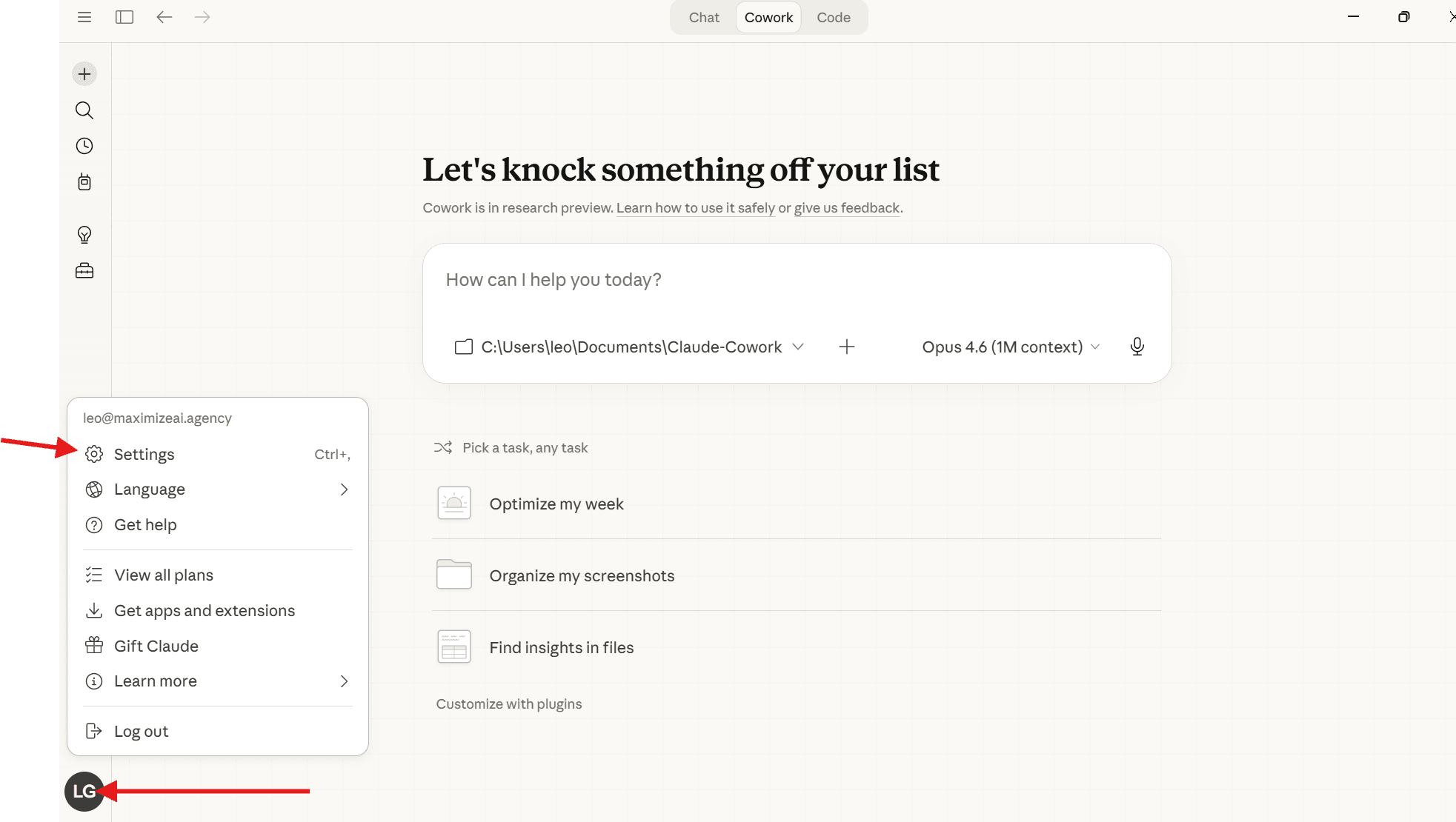 Finding Settings from the profile menu