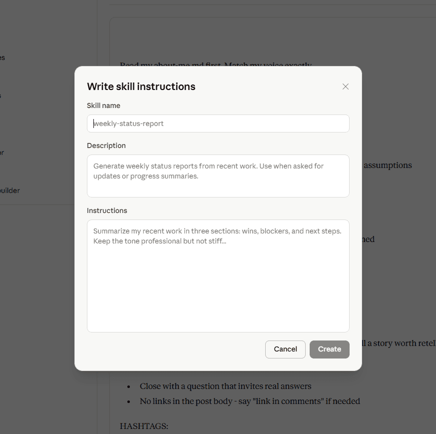 Write skill instructions dialog - fields for Skill name, Description, and Instructions