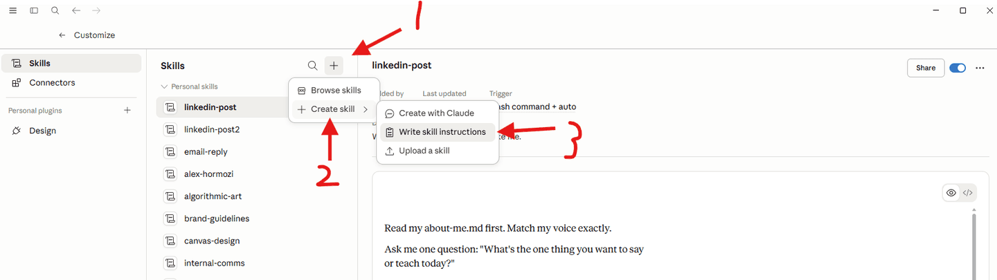 Skills panel - click +, hover Create skill, then choose Write skill instructions