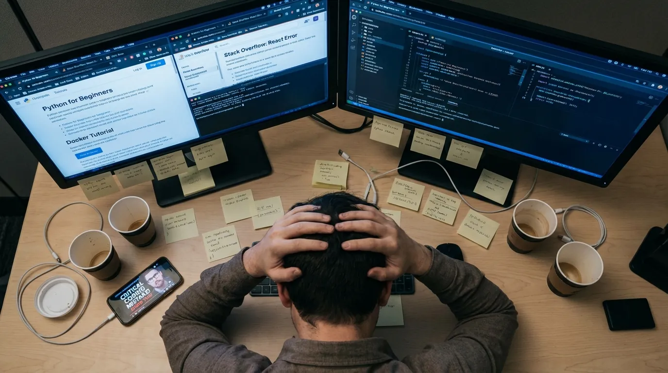 Frustrated developer surrounded by scattered tutorials and documentation