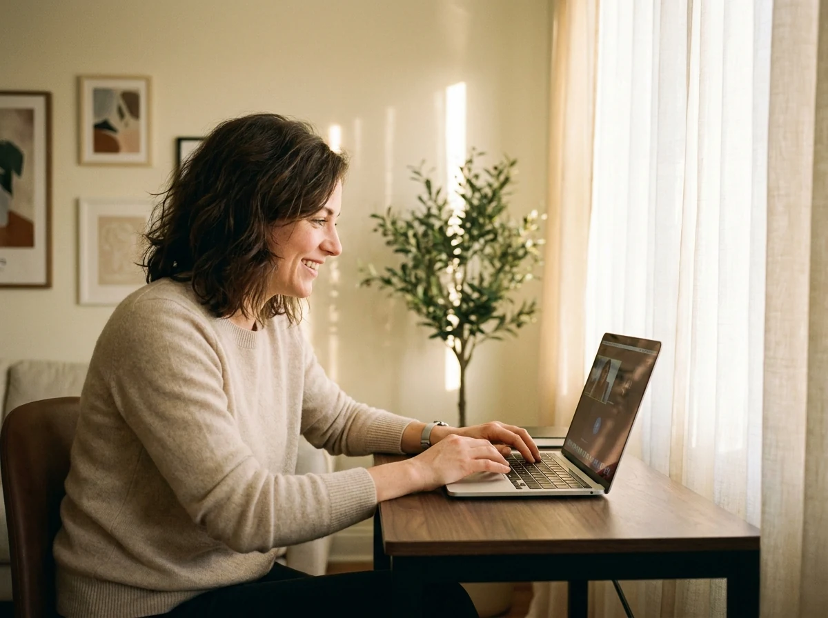 Visitor on a video call with the Concierge AI agent through her laptop