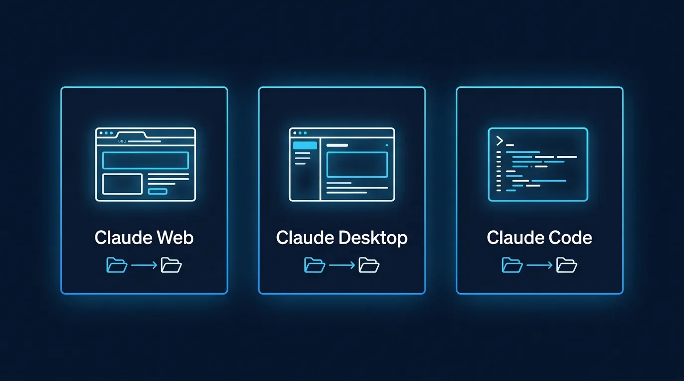 The same Claude lives in three surfaces: Web, Desktop, and Code. Same skills, different install paths.