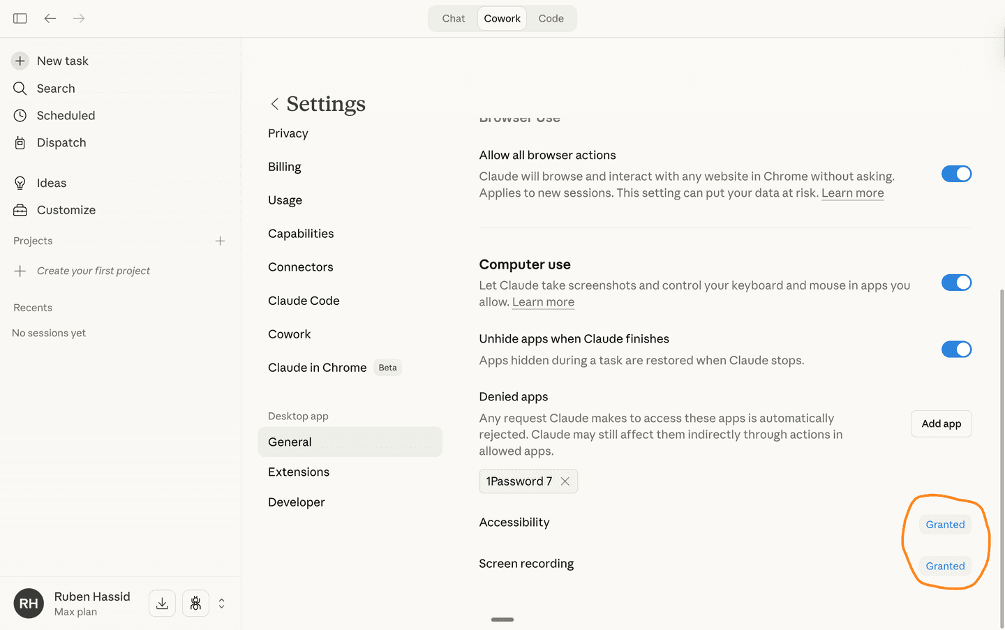Settings with Browser Use and Computer Use enabled, Accessibility and Screen recording granted