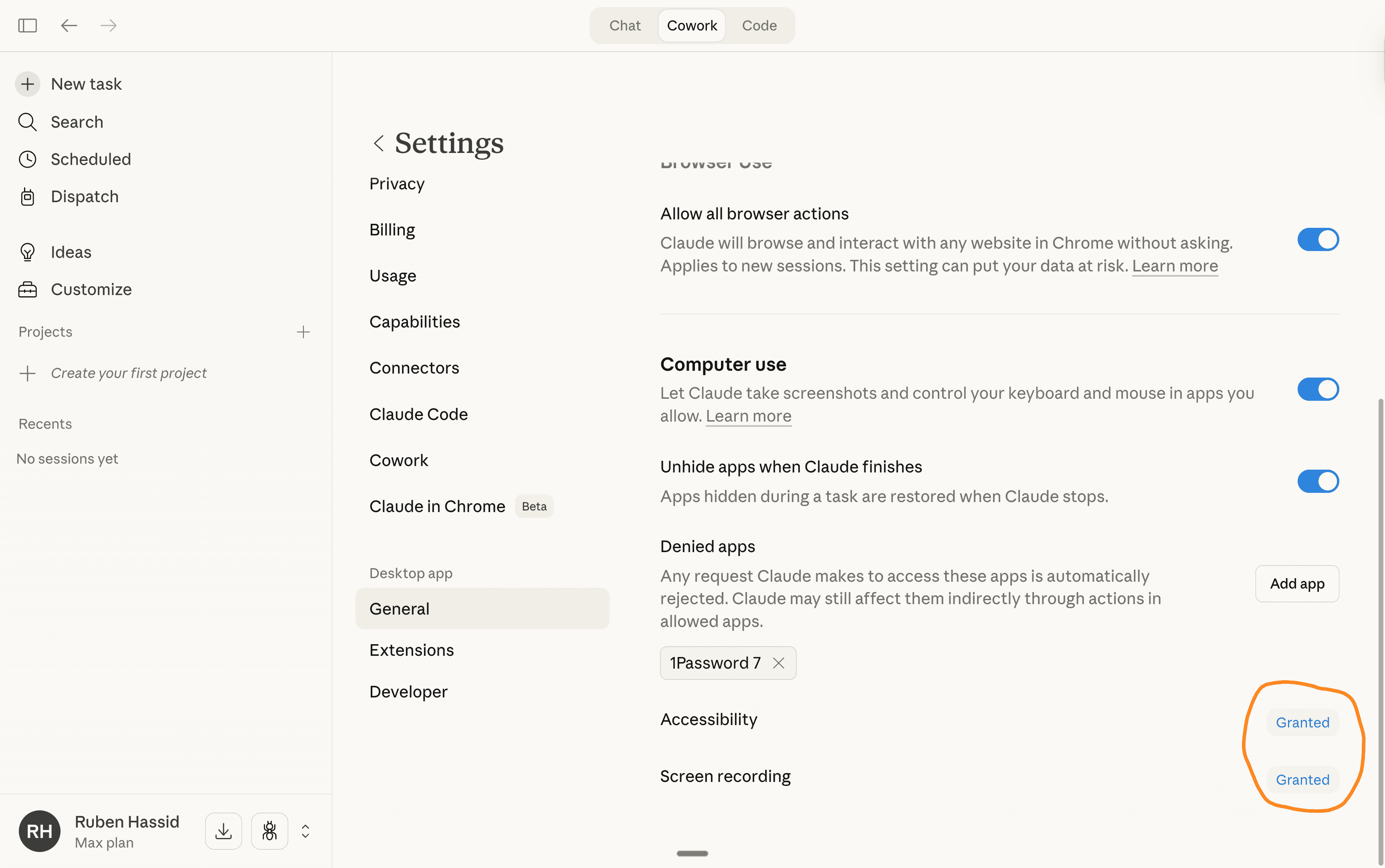 Settings with Browser Use and Computer Use enabled, Accessibility and Screen recording granted