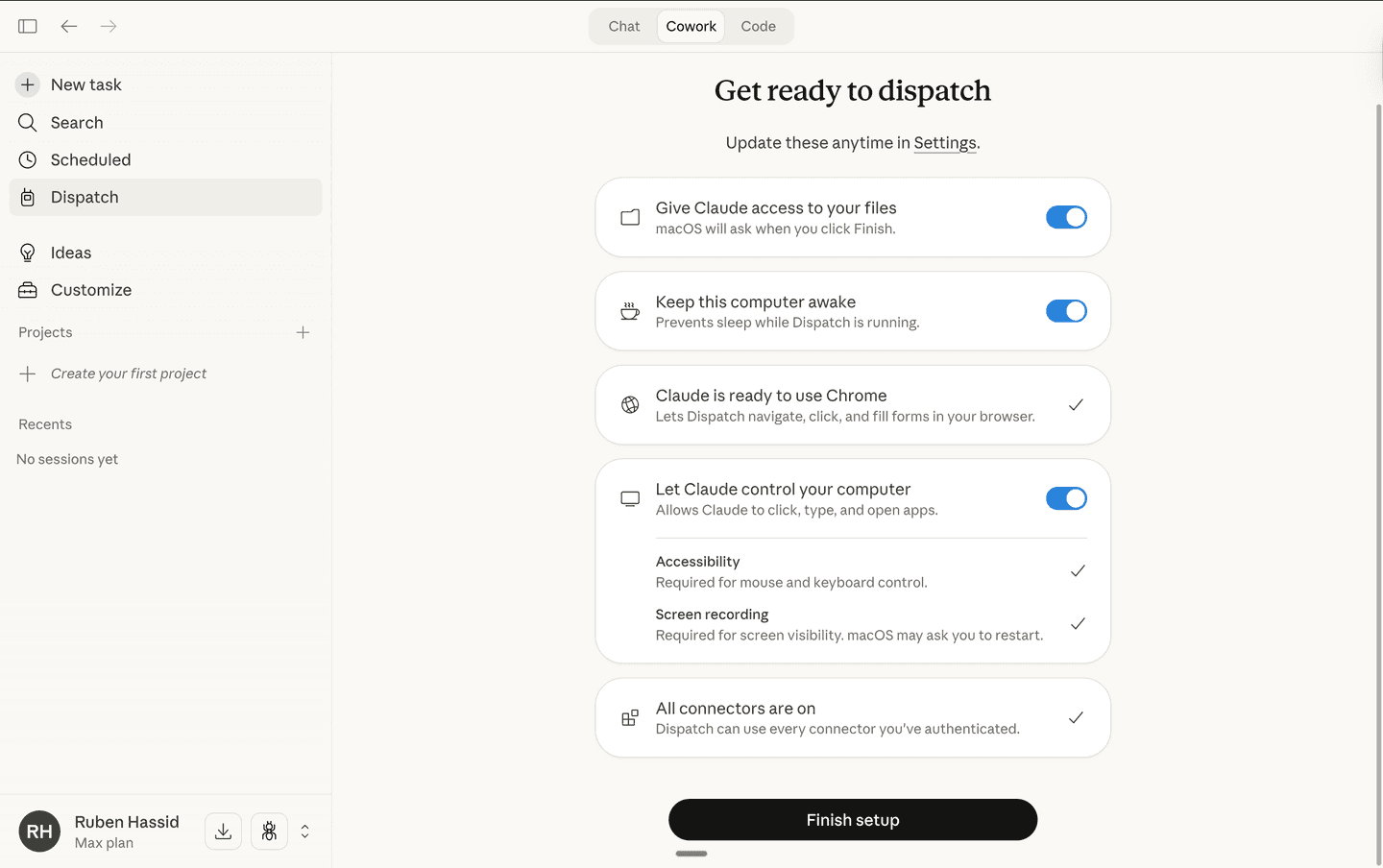 Get ready to dispatch — enable permissions and click Finish setup
