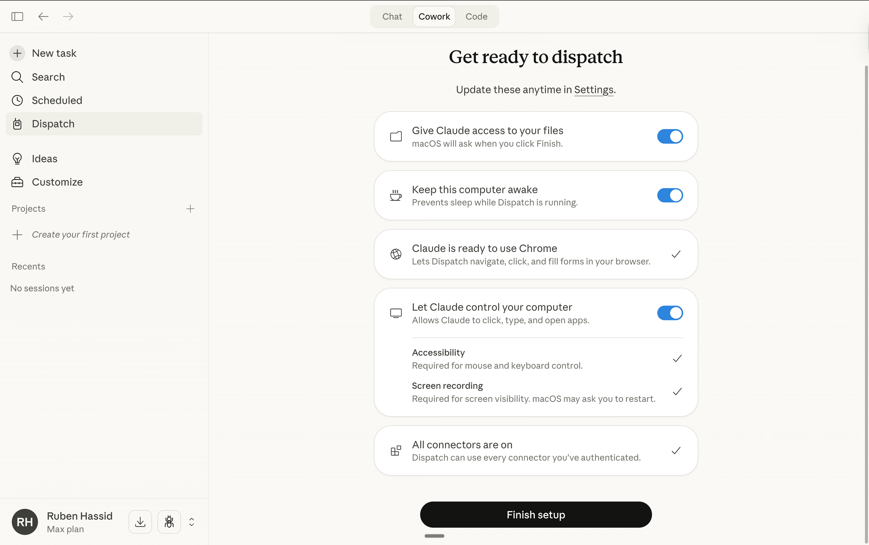 Get ready to dispatch — enable permissions and click Finish setup