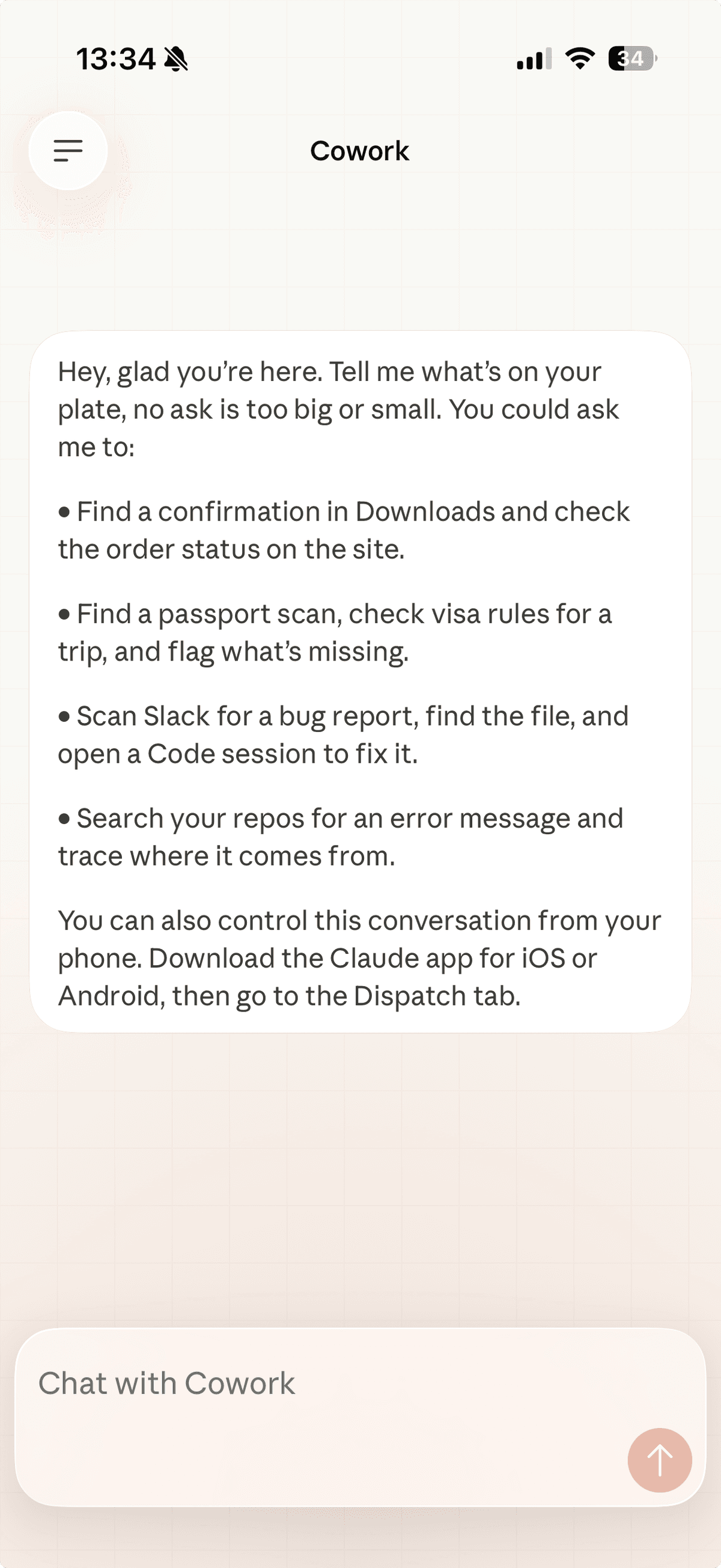 Claude mobile app — Cowork connected and ready to receive tasks