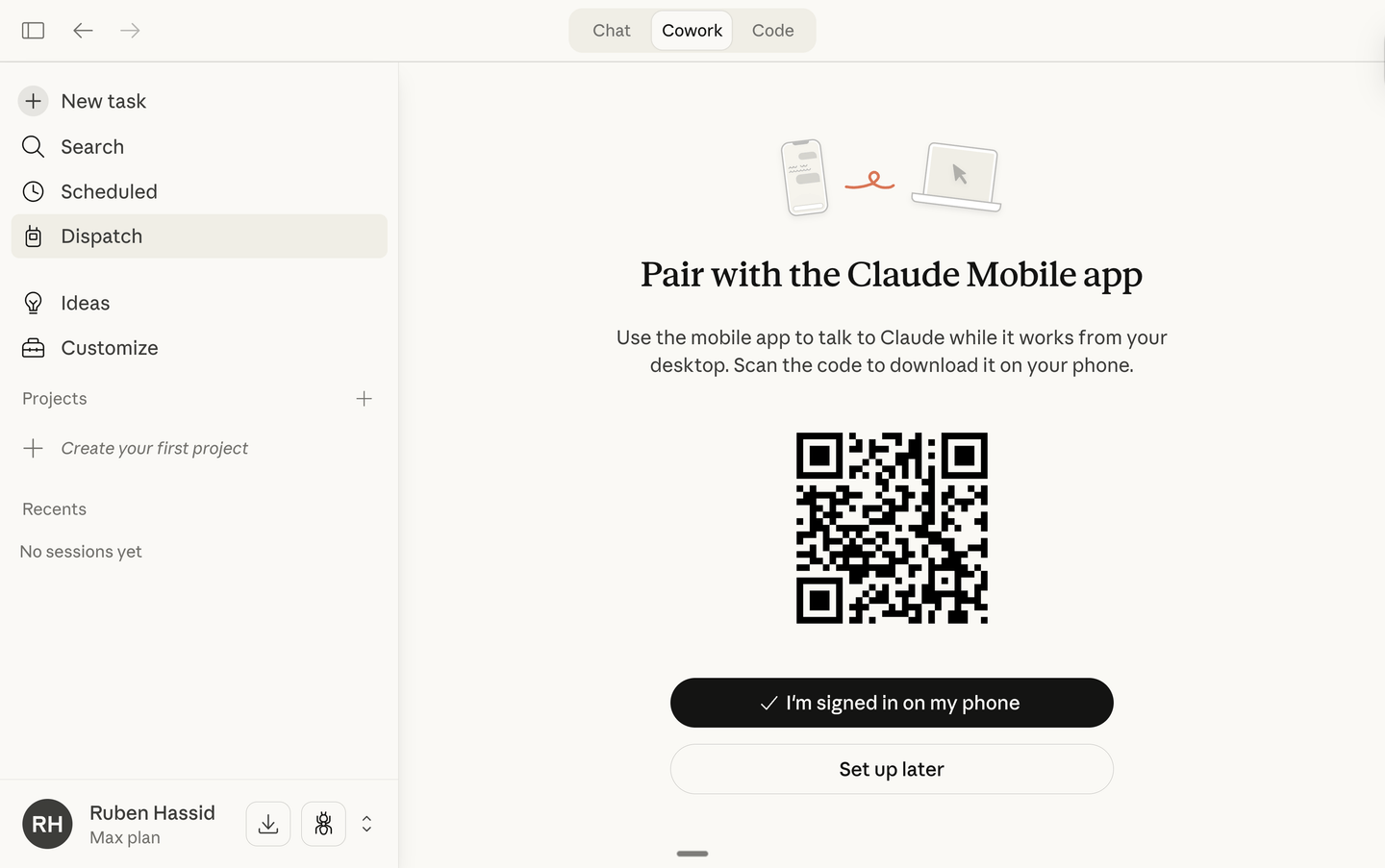 Pair with the Claude Mobile app — scan the QR code with your phone